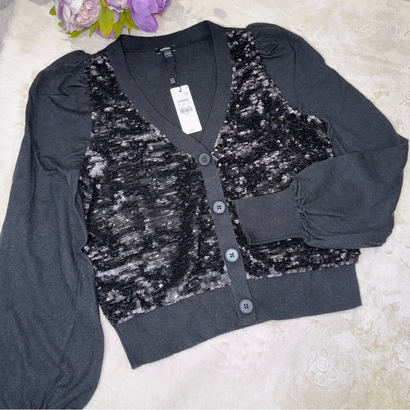NWT Express Black Sequin Button Front Cardigan - Picture 7 of 15